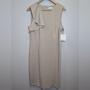 NWT Calvin Klein Women's Size 14 Ruffle Shealth Cream Dress